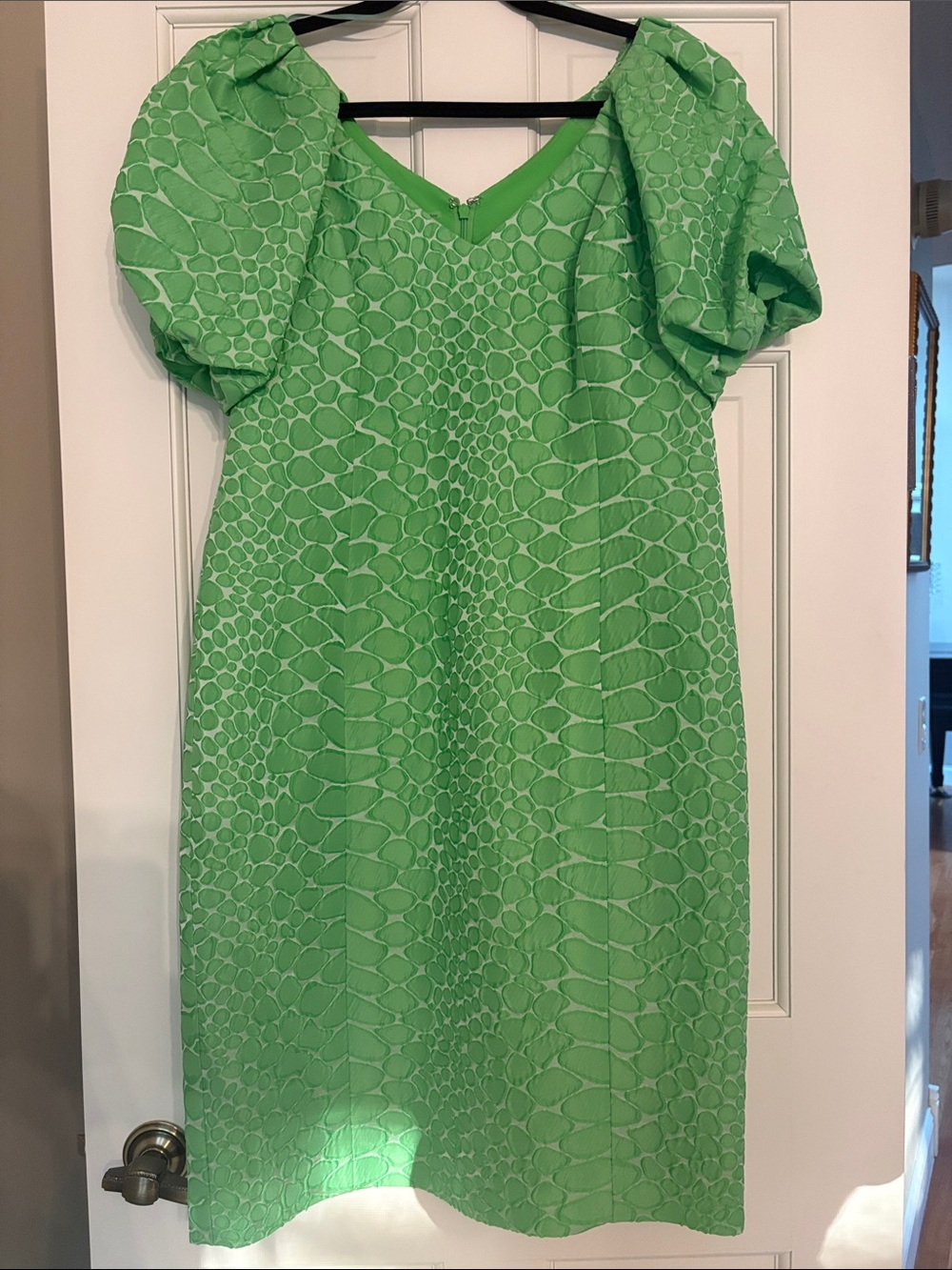 Teri Jon Bright Green Puff-Sleeve Midi Dress
